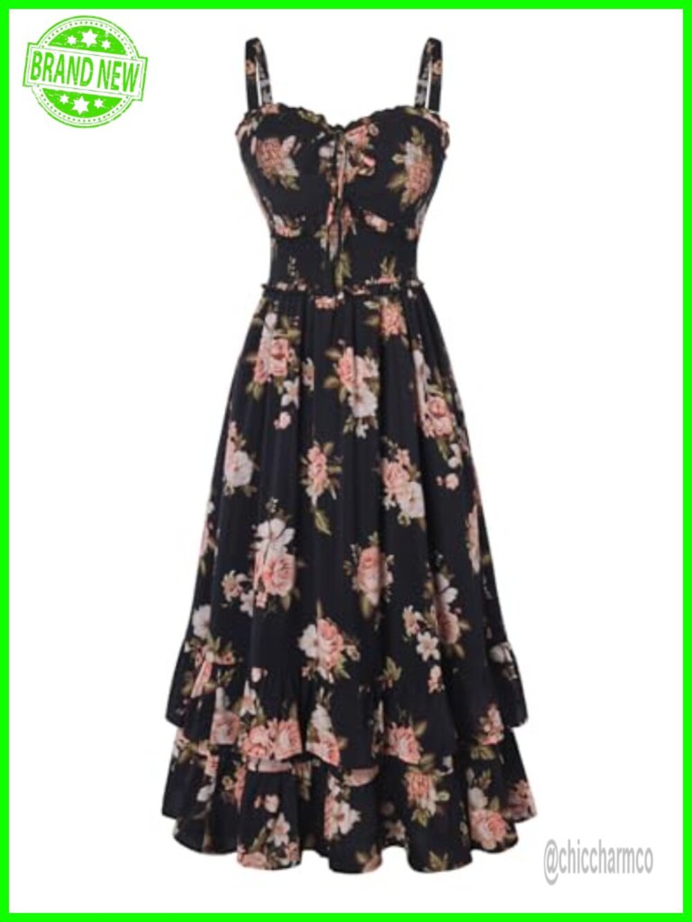 Women's Floral Chiffon Smocked Sundress Adjustable Straps Pockets